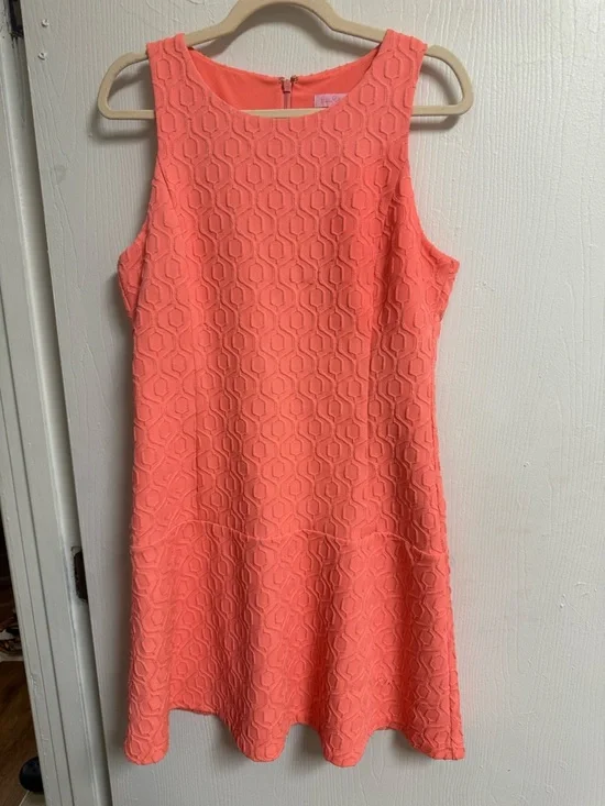 Lilly Pulitzer Coral Textured Fit & Flare Dress Sz L Bright Preppy Summer - Picture 2 of 5